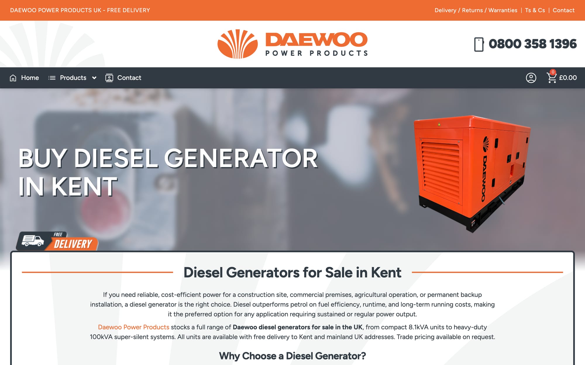 Diesel generators in Kent: a county page with its product grid.