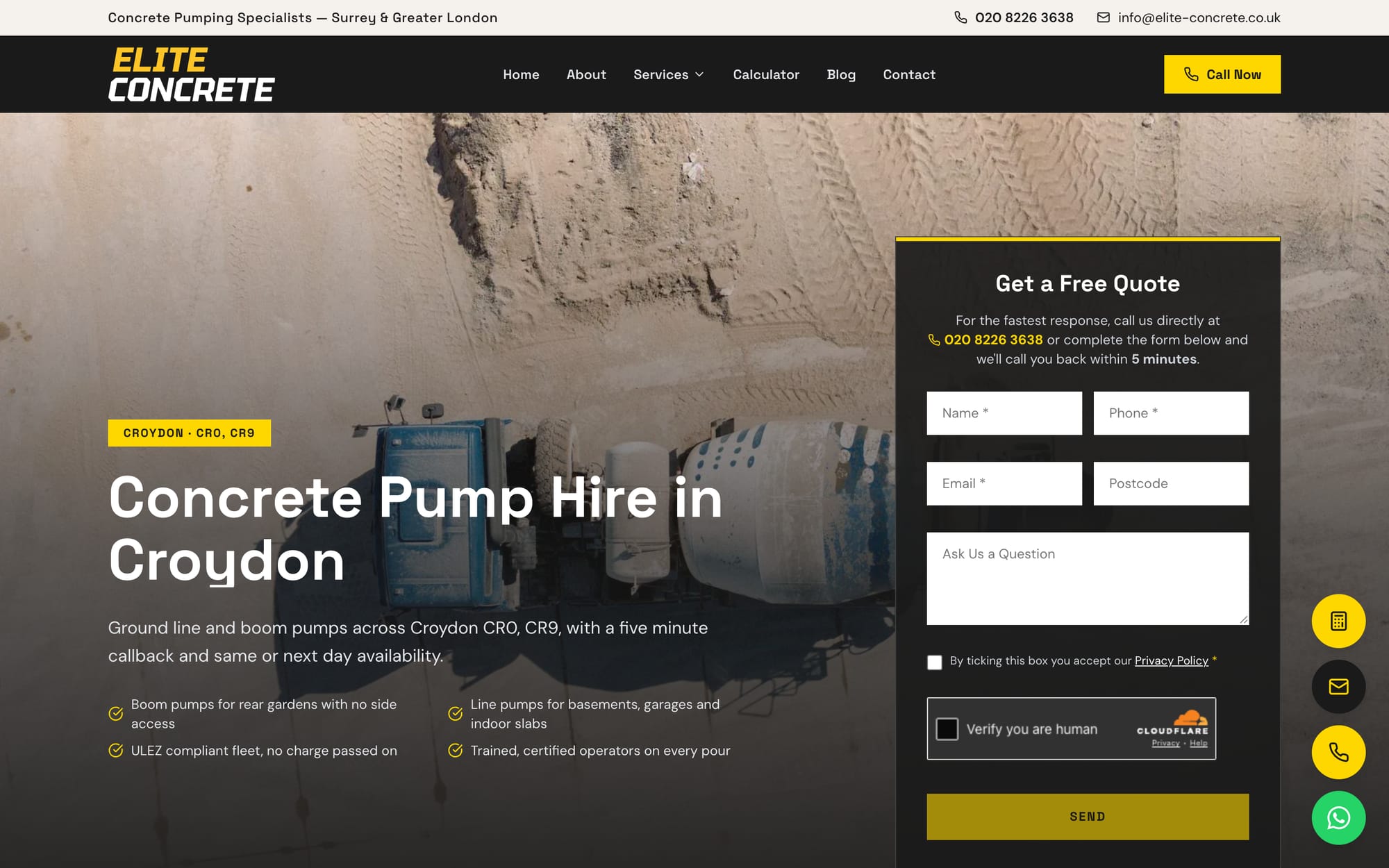 The Croydon concrete pump page: local copy, a local number and the quote form.
