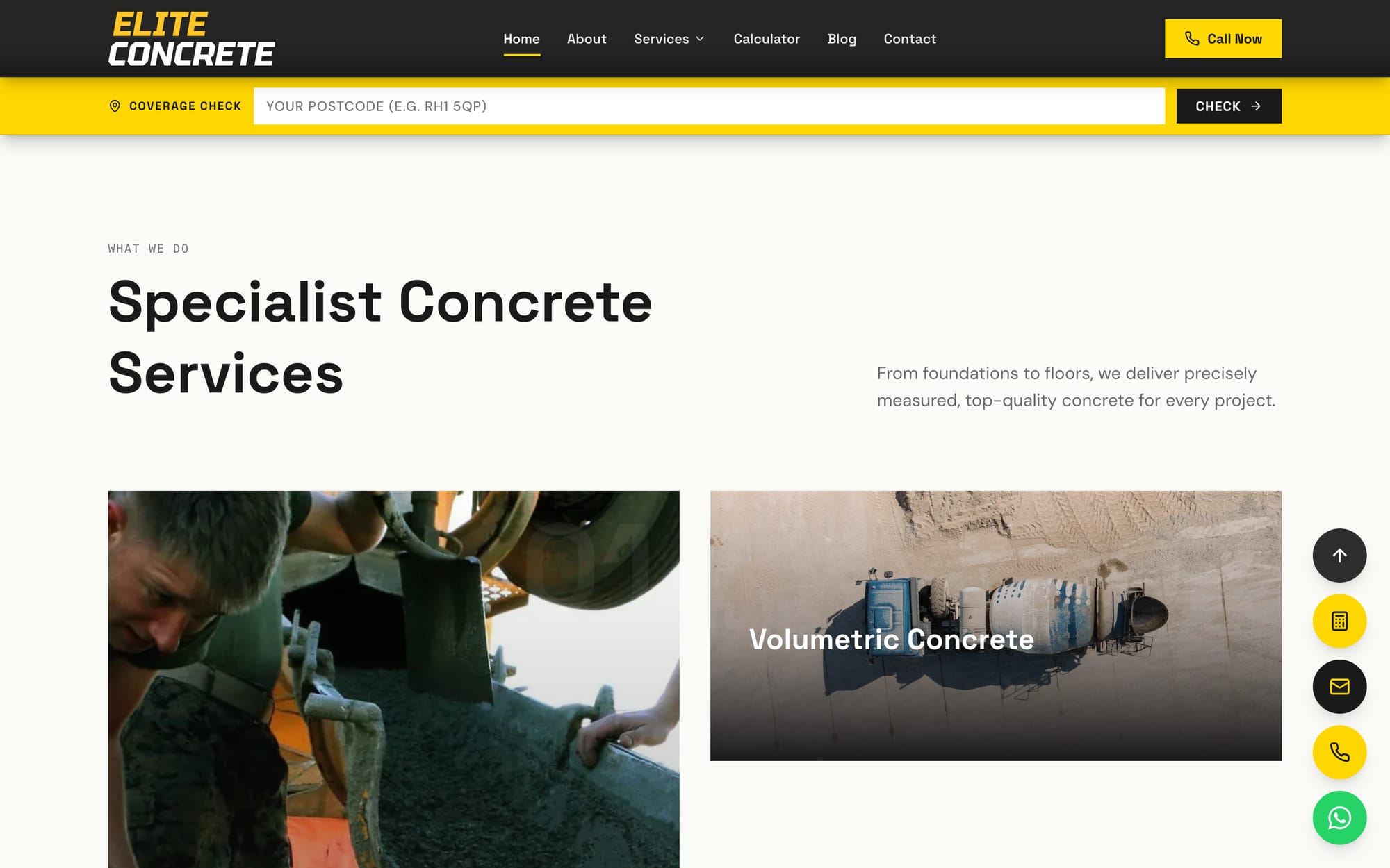The services on the homepage: ready mix, volumetric, pumps and screed.