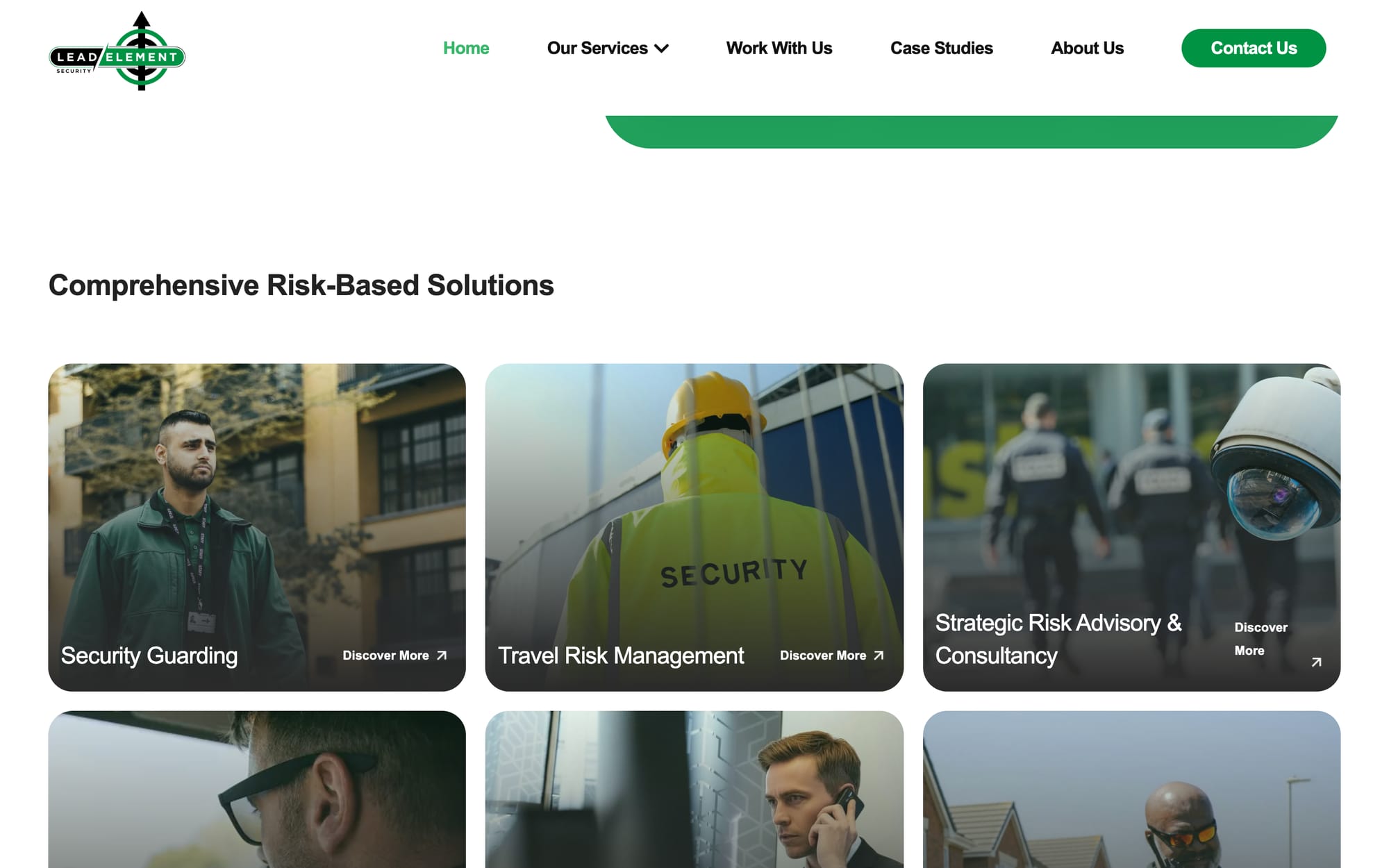 Risk-based solutions on the homepage, a card for each service.